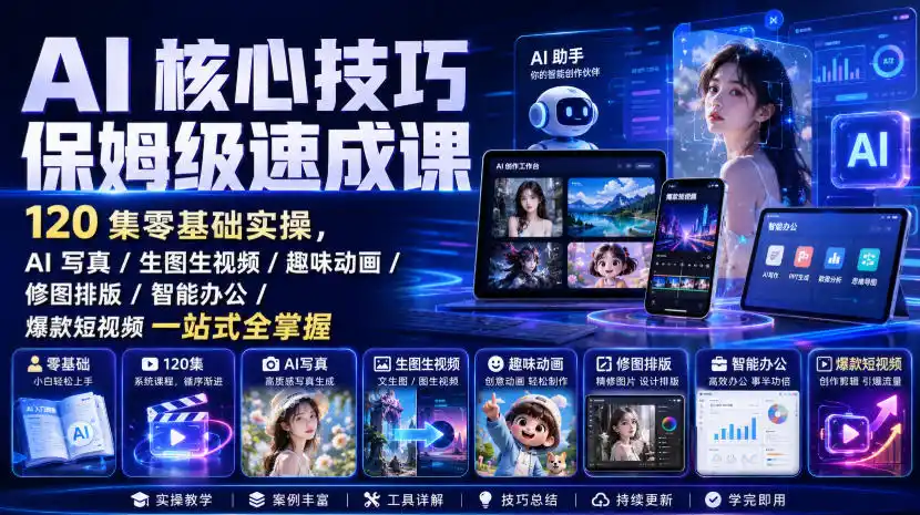 AI核心技巧保姆级速成课|120集零基础实操,AI写真/生图生视频/趣味动画/修图排版/智能办公/爆款短视频一站式全掌握-科技美南博客