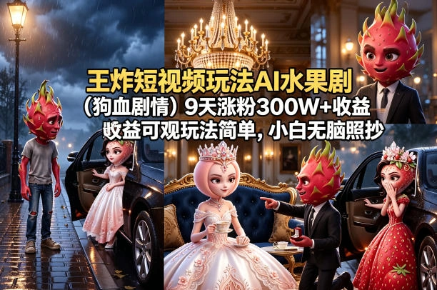 王炸短视频玩法AI水果剧(狗血剧情)9天涨粉300W+收益可观玩法简单，小白无脑照抄，详细拆解玩法-科技美南博客