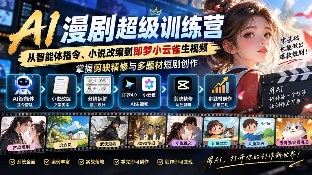 AI漫剧超级特训营：从智能体指令、小说改编到即梦小云雀生视频，掌握剪映精修与多题材短剧创作-科技美南博客