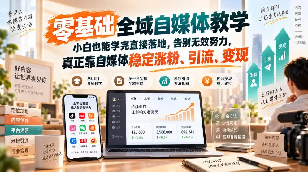 零基础全域自媒体教学，小白也能学完直接落地，告别无效努力，真正靠自媒体稳定涨粉、引流、变现-科技美南博客