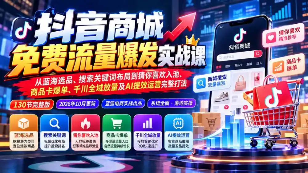 抖音商城免费流量爆发实战：从蓝海选品、搜索关键词布局到猜你喜欢入池、商品卡爆单、千川全域放量及AI提效完整打法-科技美南博客