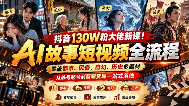 抖音130W粉大佬新课！AI故事短视频全流程，覆盖都市、民俗、奇幻、历史多题材，从养号起号到剪辑变现一站式落地-科技美南博客
