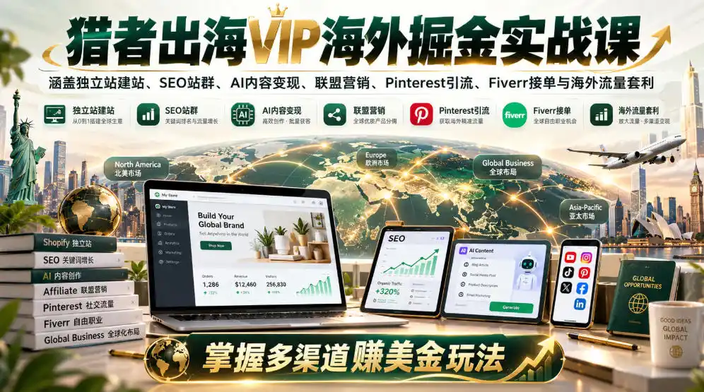 猎者出海VIP海外掘金实战课：涵盖独立站、SEO站群、AI变现、联盟营销、Pinterest引流、Fiverr接单与海外流量套利，掌握多渠道賺美金玩法-科技美南博客