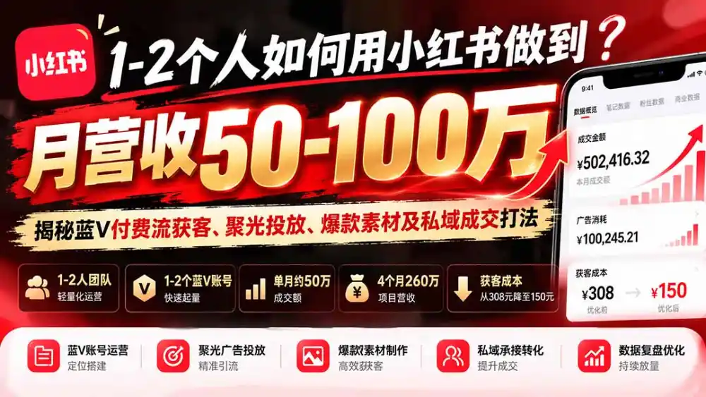 1-2个人如何用小红书做到月营收50-100万？揭秘蓝V付费流获客、聚光投放、爆款素材及私域成交打法-科技美南博客