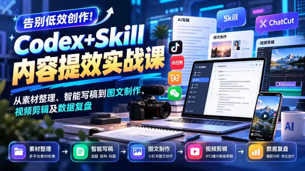 【无水印】告别低效创作！Codex+Skill内容提效实战课：从素材整理、智能写稿到图文制作、视频剪辑及数据复盘-科技美南博客