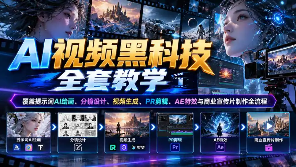 AI视频黑科技全套教学:覆盖提示词AI绘画、分镜设计、视频生成、PR剪辑、AE特效与商业宣传片制作全流程-科技美南博客