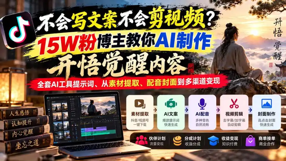不会写文案不会剪视频?15W粉博主教你AI制作开悟觉醒内容,全套AI工具提示词、从素材提取、配音封面到多渠道变现-科技美南博客