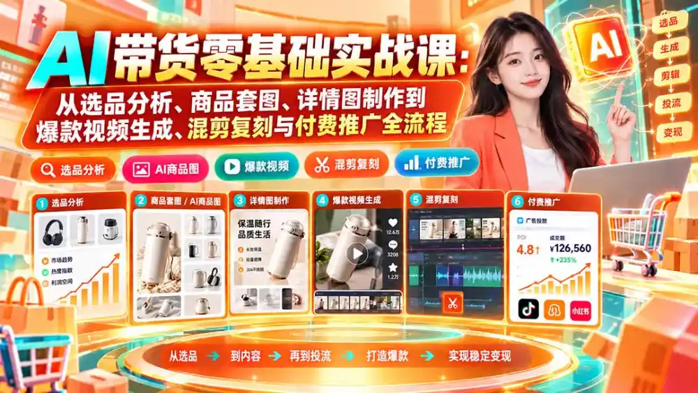 AI带货零基础实战课：从选品分析、商品套图、详情图制作到爆款视频生成、混剪复刻与付费推广全流程-科技美南博客