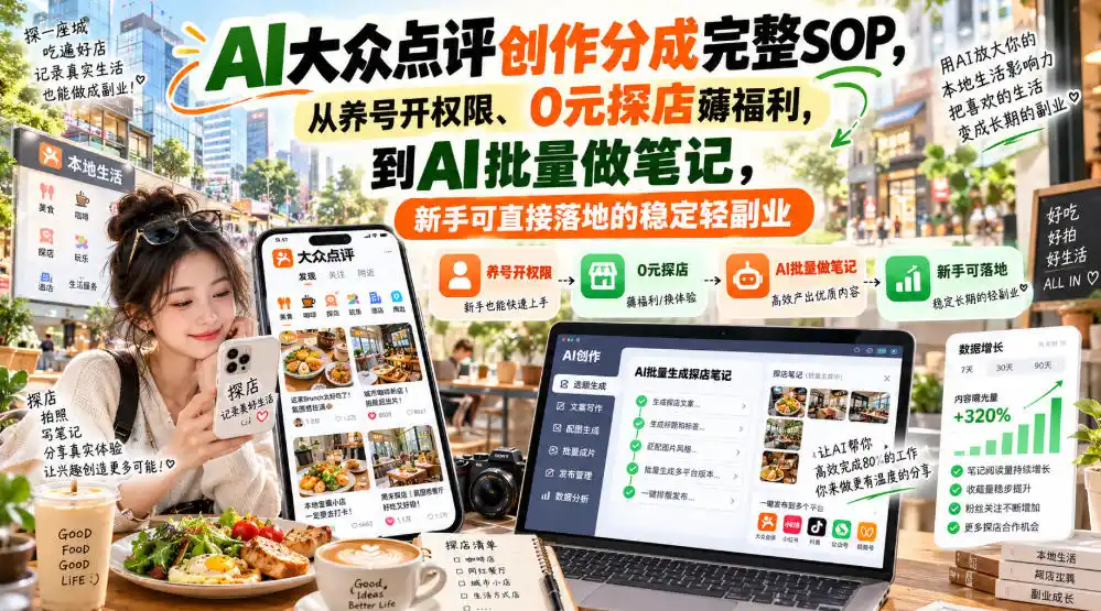 【无水印】AI大众点评创作分成完整SOP,从养号开权限、0元探店薅福利,到AI批量做笔记,新手可直接落地的稳定轻副业-科技美南博客