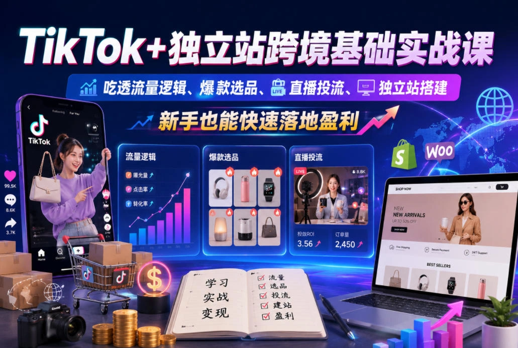 TikTok+独立站跨境基础实战课,吃透流量逻辑、爆款选品、直播投流与独立站搭建,新手也能快速落地盈利-科技美南博客