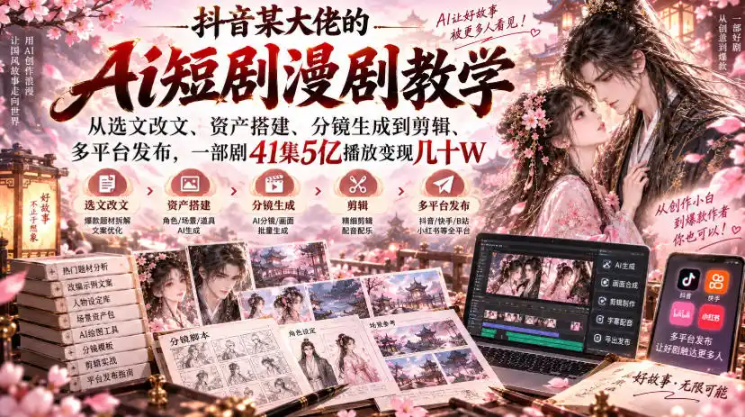 抖音某大佬的Ai短剧漫剧教学，从选文改文、资产搭建、分镜生成到剪辑、多平台发布，一部剧41集5亿播放变现几十W-科技美南博客
