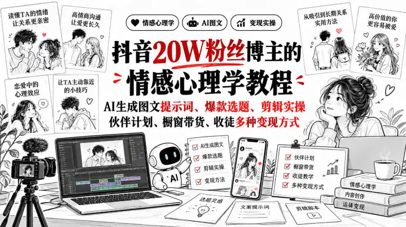 抖音20W粉丝博主静候心声的情感心理学教程，AI生成图文提示词、爆款选题、剪辑实操，伙伴计划、橱窗带货、收徒多种变现方式-科技美南博客