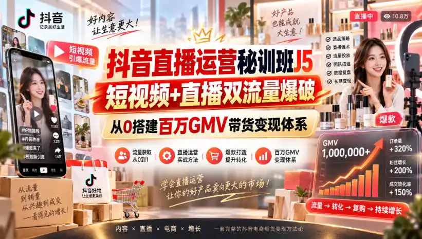 抖音直播运营秘训班J5|短视频+直播双流量爆破,从0搭建百万GMV带货变现体系