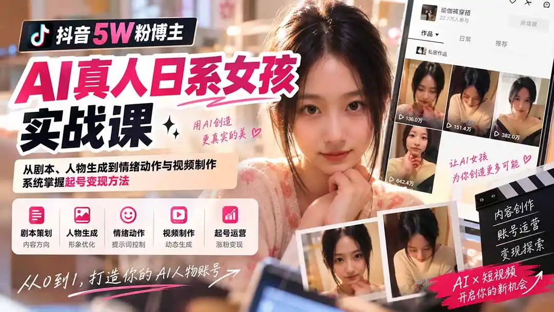 抖音5W粉博主AI真人日系女孩实战课：从剧本、人物生成到情绪动作与视频制作，系统掌握起号变现方法-科技美南博客