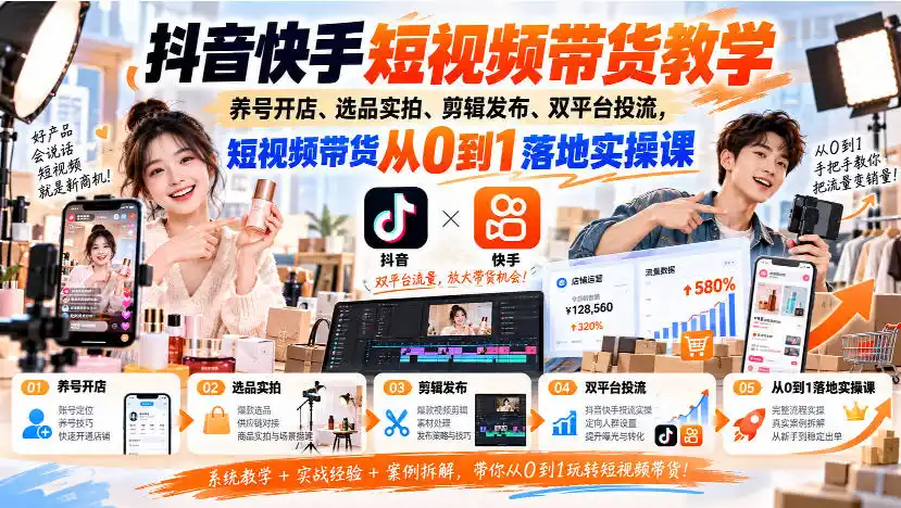 抖音快手短视频带货教学|养号开店、选品实拍、剪辑发布、双平台投流,短视频带货从0到1落地实操课-科技美南博客