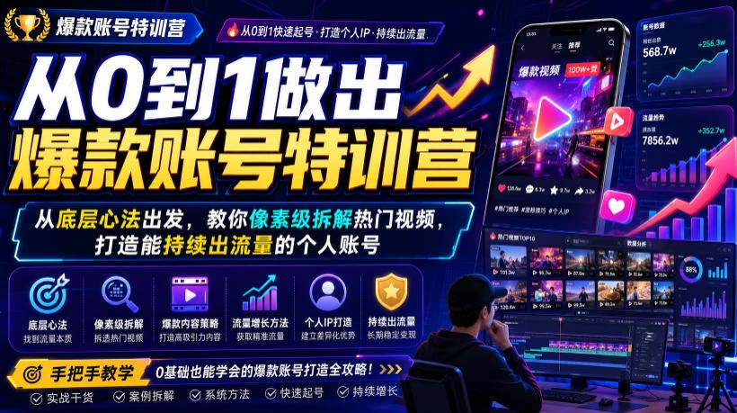 从0到1做出爆款账号特训营，从底层心法出发，教你像素级拆解热门视频，打造能持续出流量的个人账号-科技美南博客