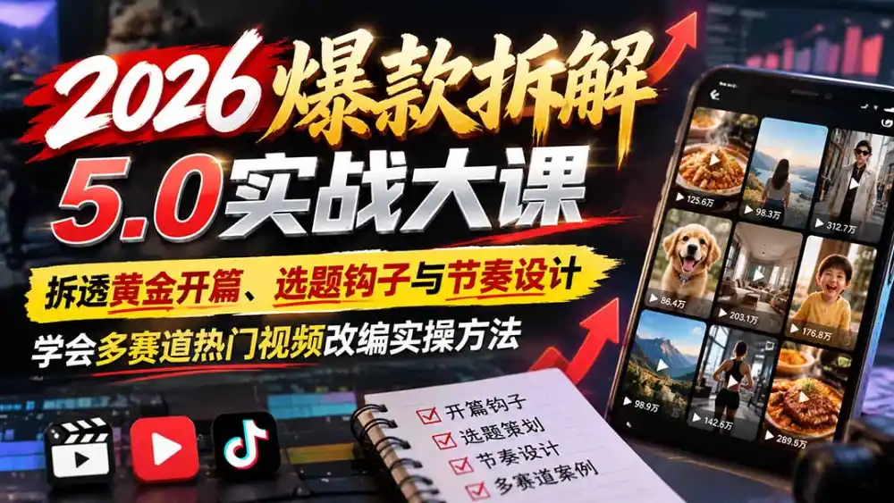 2026爆款拆解5.0实战大课:拆透黄金开篇、选题钩子与节奏设计,学会多赛道热门视频改编实操方法-科技美南博客