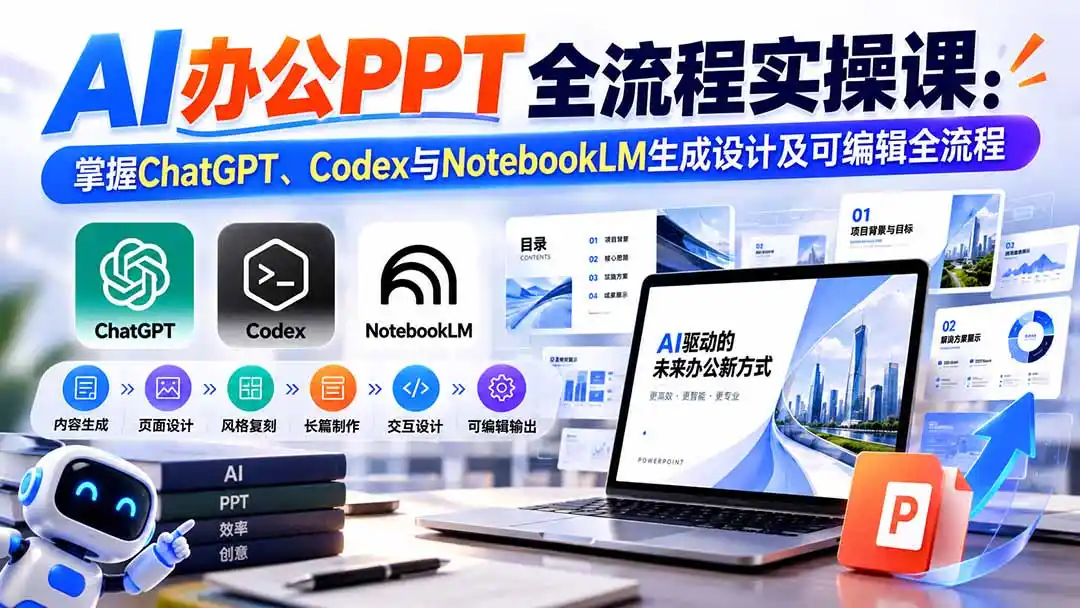 【无水印】AI办公PPT全流程实操课: 掌握ChatGPT、Codex与NotebookLM生成设计及可编辑全流程-科技美南博客