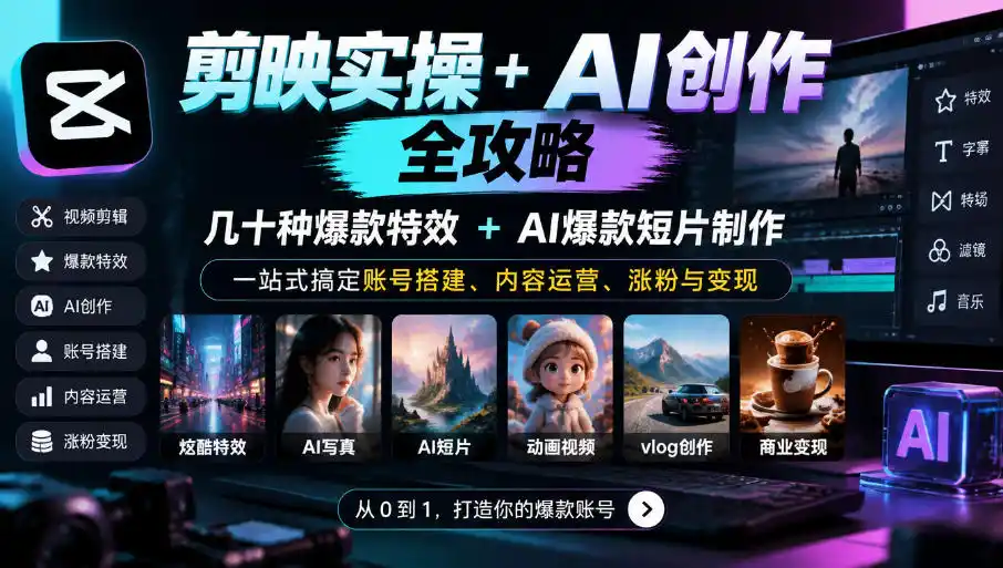 剪映实操+AI创作全攻略｜几十种爆款特效+AI爆款短片制作，一站式搞定账号搭建、内容运营、涨粉与变现-科技美南博客