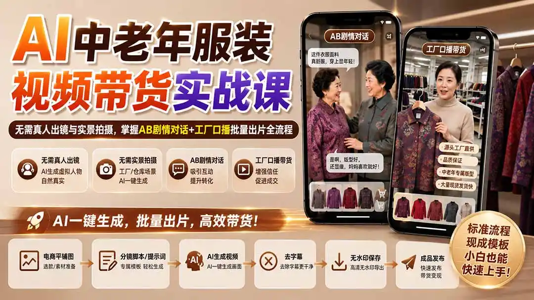 AI中老年服装视频带货实战课:无需真人出镜与实景拍摄,掌握AB剧情对话+工厂口播批量出片全流程-科技美南博客