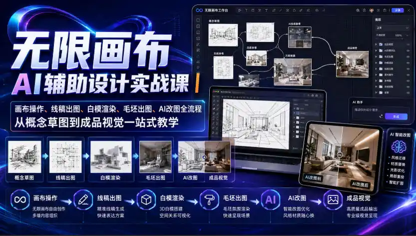 无限画布AI辅助设计实战课|画布操作、线稿出图、白模渲染、毛坯出图、AI改图全流程,从概念草图到成品视觉一站式教学-科技美南博客
