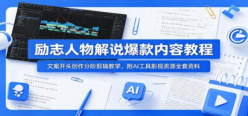 励志人物解说爆款内容教程：文案开头创作分阶剪辑教学，附AI 工具影视资源全套资料-科技美南博客