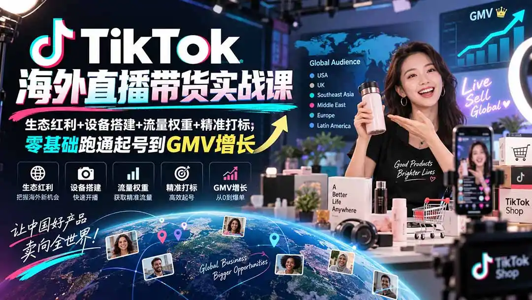 TikTok海外直播带货实战课｜生态红利+设备搭建+流量权重+精准打标，零基础跑通起号到GMV增长-科技美南博客