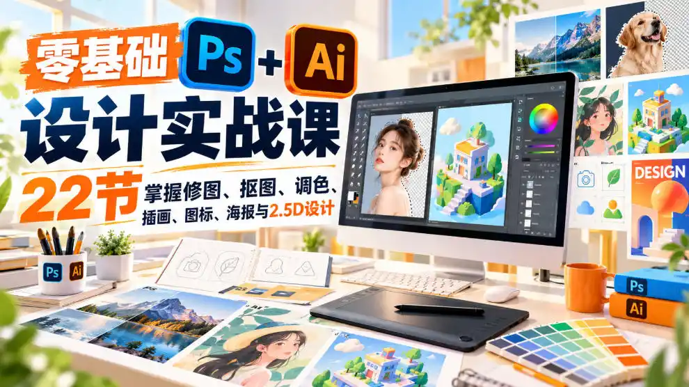 【无水印】零基础PS+AI设计实战课｜22节掌握修图、抠图、调色、插画、图标、海报与2.5D设计-科技美南博客