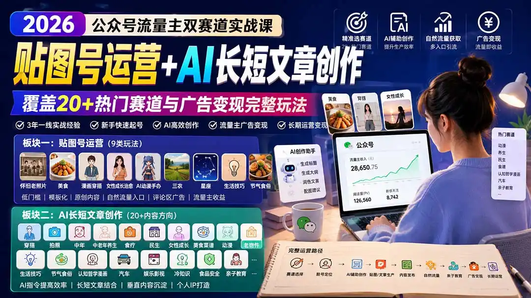 公众号流量主双赛道实战课：贴图号运营+AI长短文章创作，覆盖20+热门赛道与广告变现完整玩法-科技美南博客