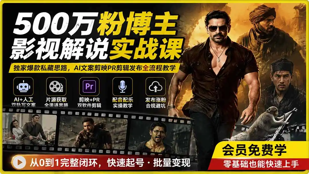 500万粉博主影视解说实战课｜独家爆款私藏思路，AI文案剪映PR剪辑发布全流程教学-科技美南博客