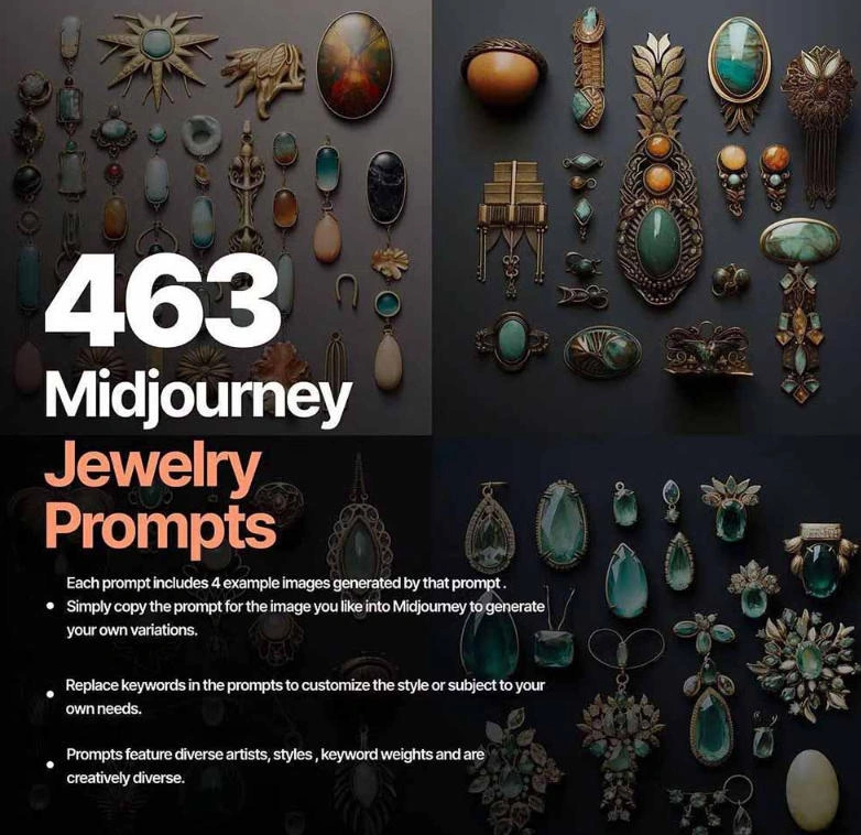 460+专业Midjourney珠宝摄影AI提示词戒指，项链-耳环-手链-宝石等，立即开始创作珠宝艺术