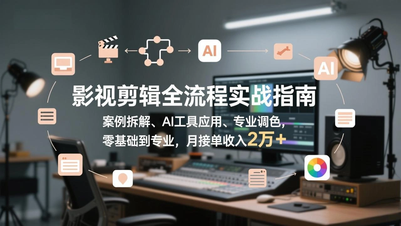 影视剪辑全流程实战指南，案例拆解、AI工具应用、专业调色，零基础到专业，月接单收入2万+-科技美南博客