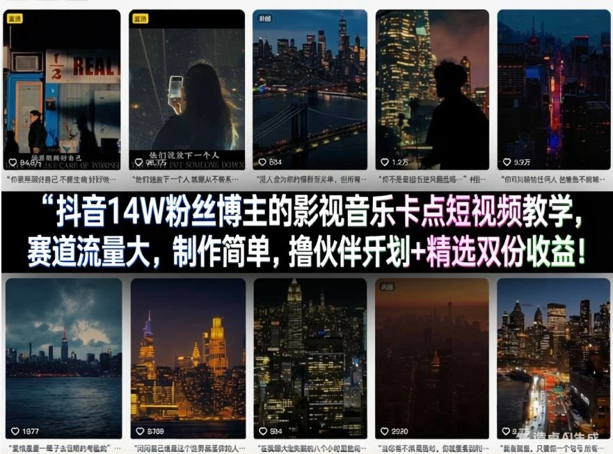 抖音14W粉丝博主的影视音乐卡点短视频教学，赛道流量大，制作简单，撸伙伴计划+精选双份收益！-科技美南博客