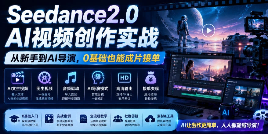 Seedance2.0 AI视频创作实战，从新手到AI导演，0基础也能成片接单变现-科技美南博客