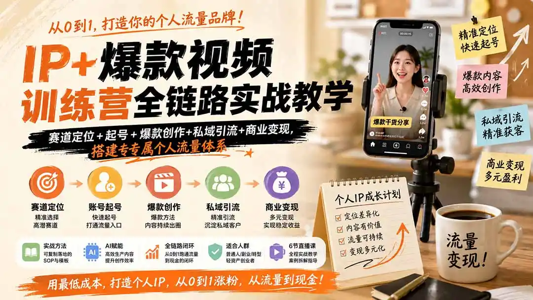 IP+爆款视频训练营全链路实战教学；赛道定位+起号+爆款创作+私域引流+商业变现，搭建专属个人流量体系-科技美南博客