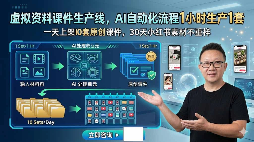 虚拟资料课件生产线，AI自动化流程1小时生产1套，一天上架10套原创课件，30天小红书素材不重样-科技美南博客