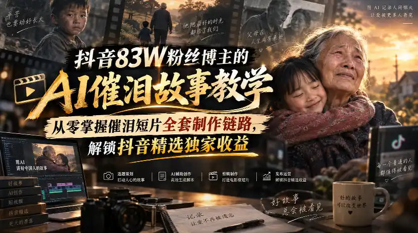 抖音83W粉丝博主的AI催泪故事教学，从零掌握催泪短片全套制作链路，解锁抖音精选独家收益-科技美南博客