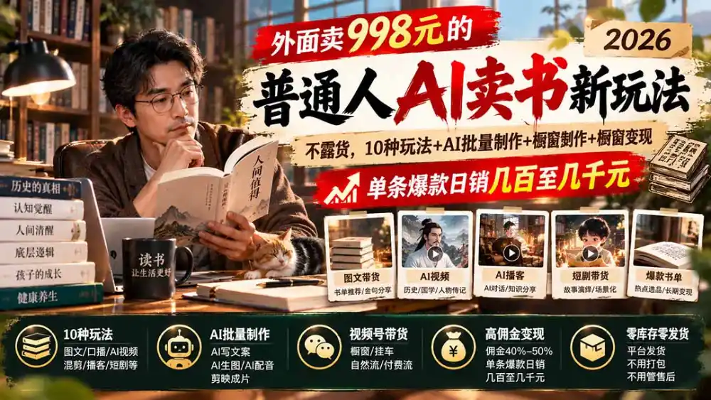 外面卖998元的2026普通人AI卖书新玩法：不露脸、不囤货，10种玩法+AI批量制作+橱窗变现，单条爆款日销几百至几千元-科技美南博客