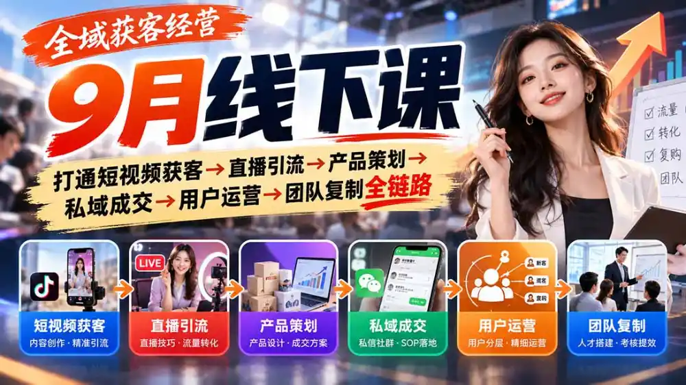 全域获客经营9月线下课：打通短视频获客→直播引流→产品策划→私域成交→用户运营→团队复制全链路-科技美南博客