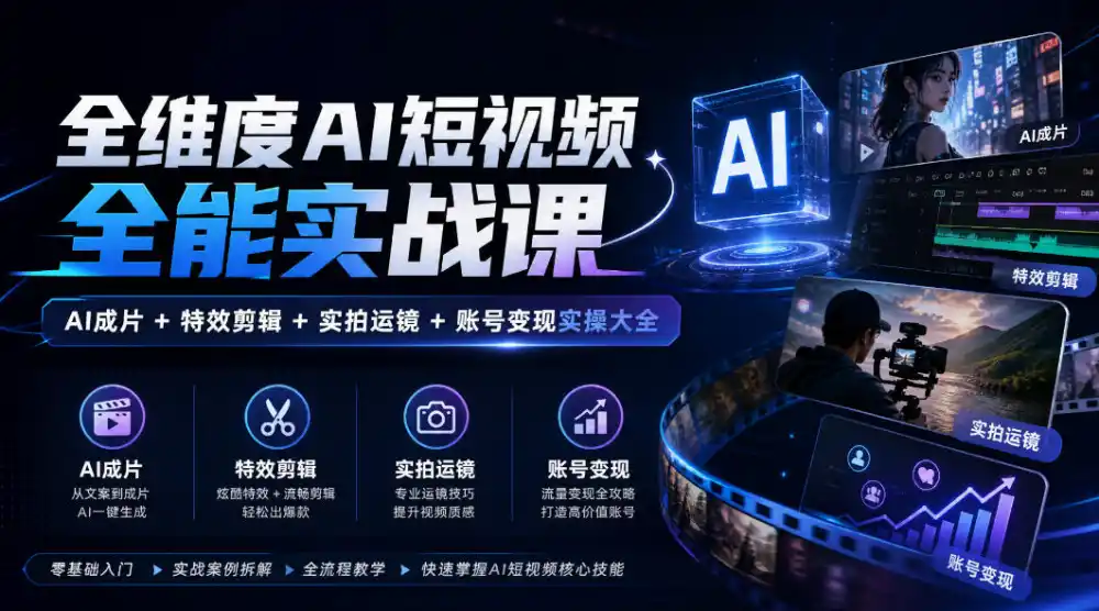全维度AI短视频全能实战课,AI成片+特效剪辑+实拍运镜+账号变现实操大全