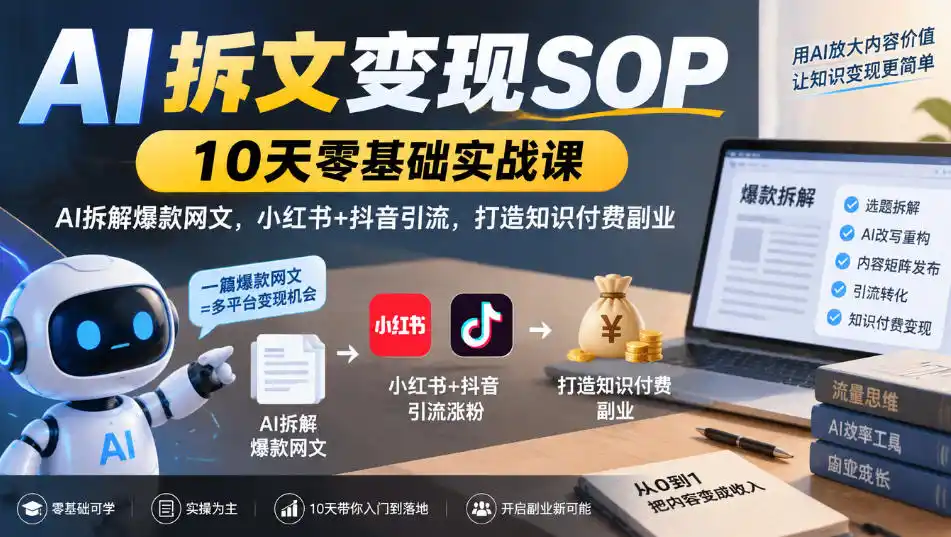 AI拆文变现SOP｜10天零基础实战课，AI拆解爆款网文，小红书+抖音引流，打造知识付费副业-科技美南博客