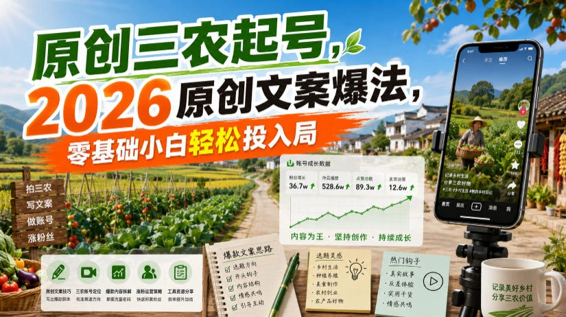 原创三农起号，2026原创文案爆法，零基础小白轻松投入局-科技美南博客