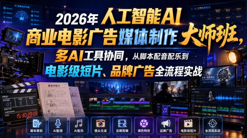 2026年人工智能AI商业电影广告媒体制作大师班，多AI工具协同，从脚本配音配乐到电影级短片、品牌广告全流程实战(中英字幕)-科技美南博客