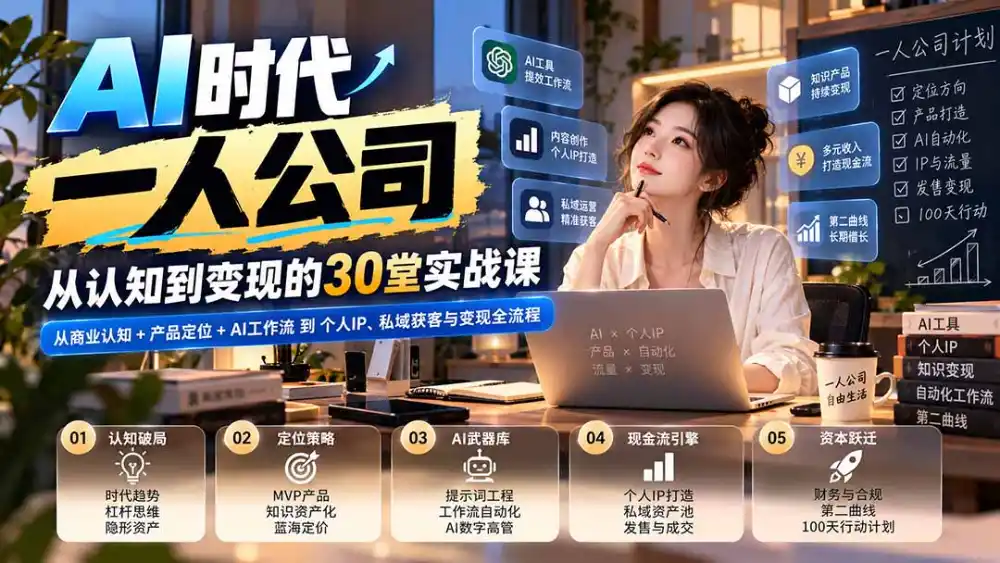 【无水印】AI时代一人公司30堂实战课：从商业认知+产品定位+AI工作流到个人IP、私域获客与变现全流程-科技美南博客