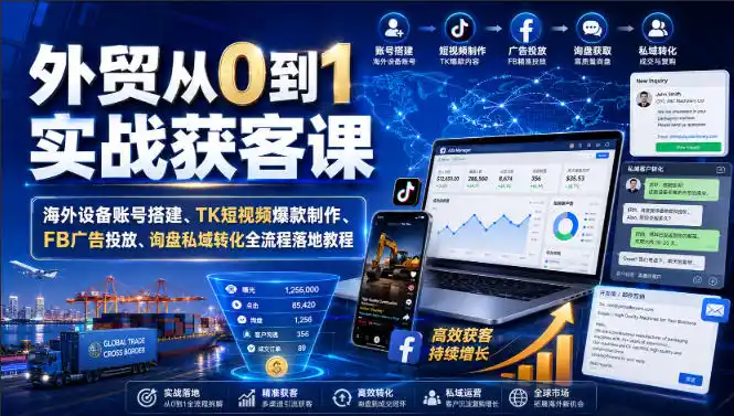 外贸从0到1实战获客课|海外设备账号搭建、TK短视频爆款制作、FB广告投放、询盘私域转化全流程落地教程-科技美南博客
