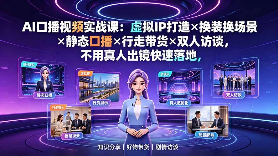 AI口播视频实战课：虚拟IP打造×换装换场景×静态口播×行走带货×双人访谈，不用真人出镜快速落地-科技美南博客