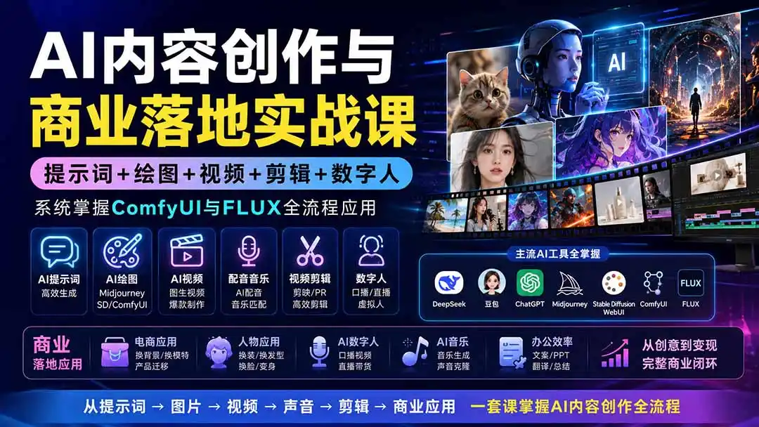 AI内容创作与商业落地实战课：提示词+绘图+视频+剪辑+数字人，系统掌握ComfyUI与FLUX全流程应用-科技美南博客