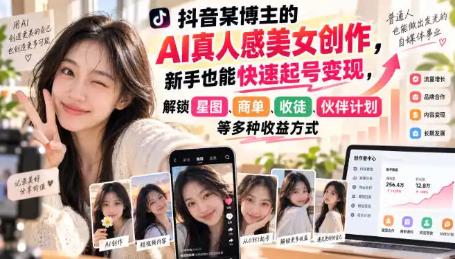 抖音某博主的AI真人感美女创作，新手也能快速起号变现，解锁星图，商单，收徒，伙伴计划等多种收益方式-科技美南博客