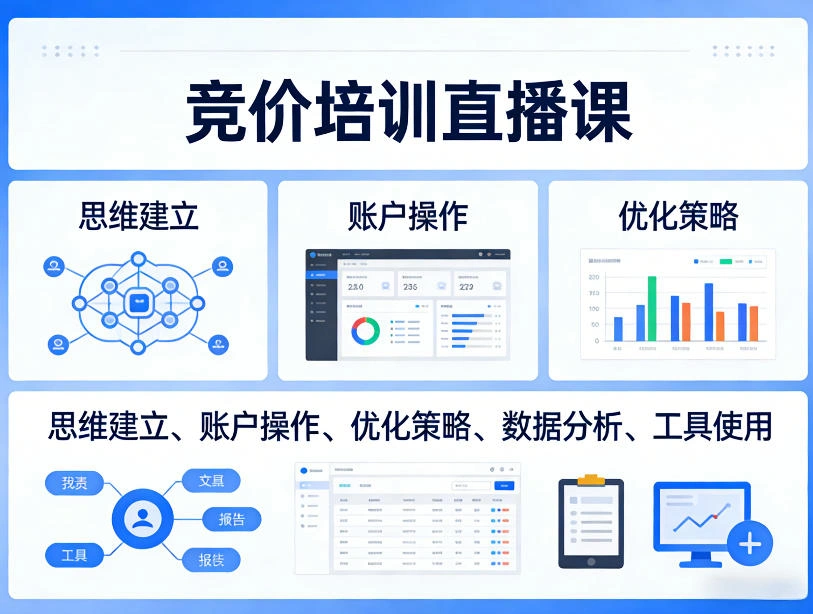 竞价培训直播课,覆盖思维建立、账户操作、优化策略、数据分析、工具使用等,全方位提升效果-科技美南博客