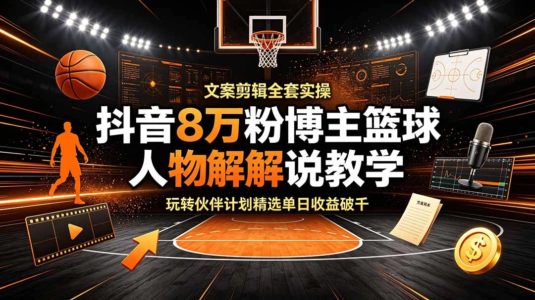 抖音8万粉博主篮球人物解说教学，文案剪辑全套实操，玩转伙伴计划精选单日收益破千-科技美南博客